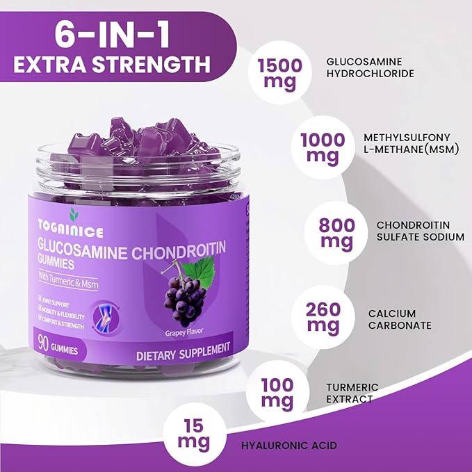 Joint Support Gummies with Glucosamine Chondroitin, Sugar Free, 1500mg Extra Strength with MSM & Turmeric (90 Count(2 Pack))
