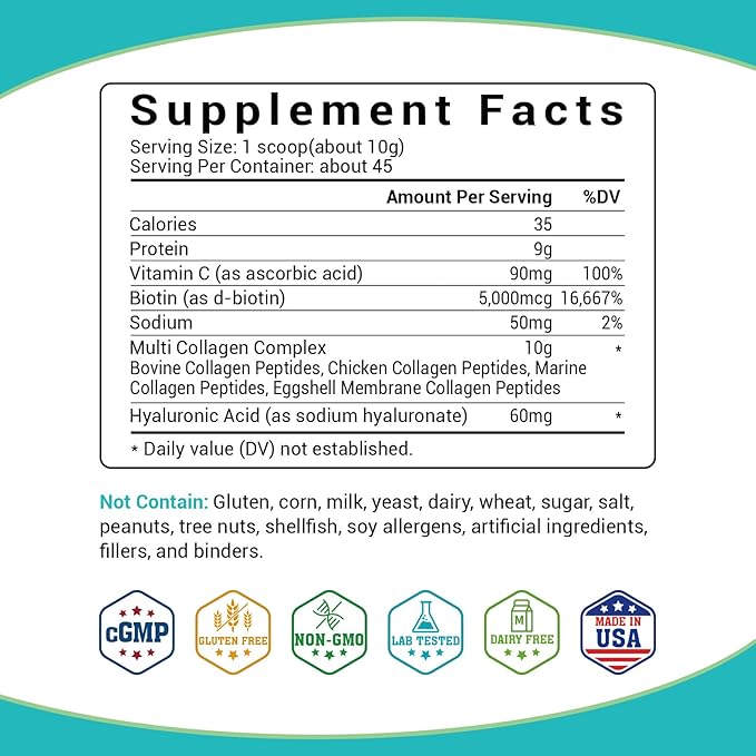 Collagen Peptides - Multi Collagen Peptides with 5 Types - Hydrolyzed Collagen Peptides Powder with Biotin & HA - Support for Hair, Skin, Nails & Joints