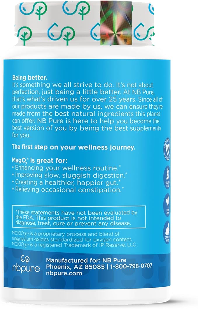 nbpure MagO7 - Natural Colon Cleanse & Detox | Occasional Constipation Relief, Stool Softening, & Bloating Support for Men & Women | Ozonated Magnesium Oxide, 90 Capsules