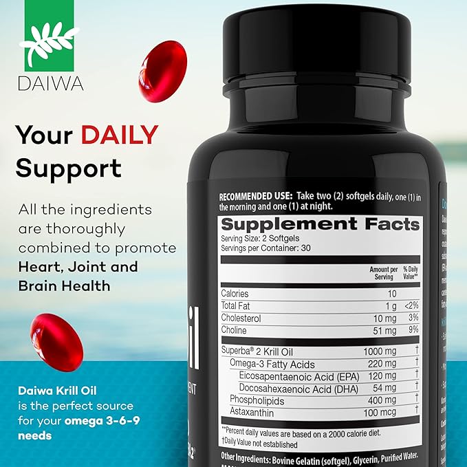 Daiwa Krill Oil 1000mg Softgels - EPA DHA Krill Oil Omega 3 6 9 with Astaxanthin for Joint, Brain and Heart Health - Antarctic Krill Oil Supplement - 60/ct