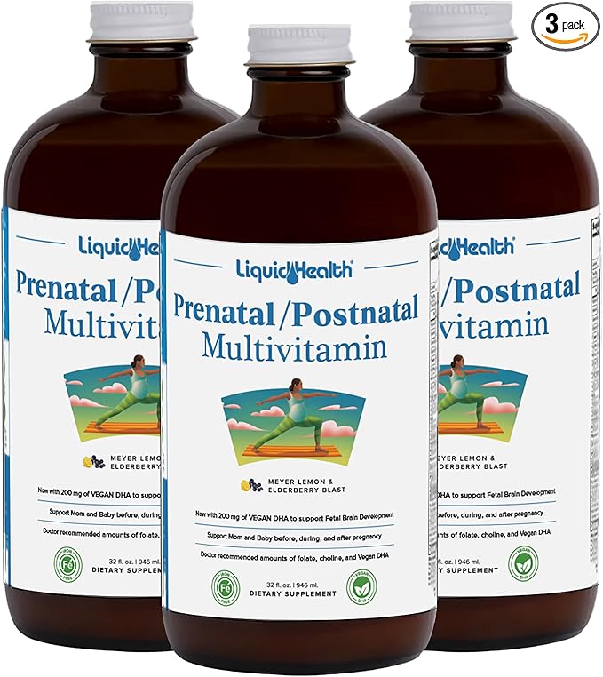 LIQUIDHEALTH Prenatal/Postnatal Multiple Liquid Women's Multivitamin with Real Folate - Pre & Postnatal Vitamins for Before, During, After Pregnancy - Made in USA, Vegan, Sugar-Free, Non-GMO (3 Pack)