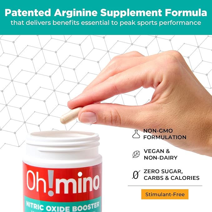Oh!mino L-Arginine Nitric Oxide Supplement - Blood Flow Supplement, Nitric Oxide Booster w/Beetroot Powder for Energy, Focus, Endurance, Muscle Building - Pre & Post Workout (120-Count, 30 Servings)