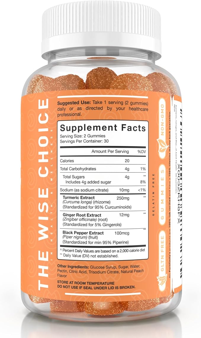 Turmeric and Ginger Supplement Gummies with Black Pepper, Joint Support Curcumin Chewables with Delicious Flavor – Gluten Free, Non-GMO, Vegan, 60 Count