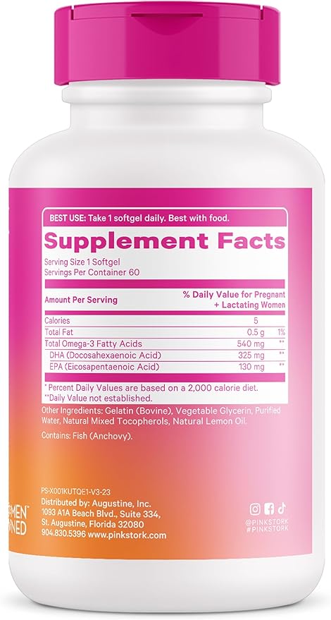 Pink Stork Omega-3 DHA - 540 mg Fish Oil Supplements with DHA and EPA, Prenatal and Postpartum Essentials for Cognitive Health + Fetal Development - 60 Softgels - Packaging May Vary