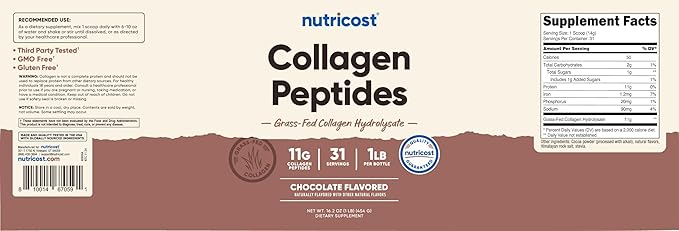 Nutricost Collagen Peptides Powder 1LB (454 G) (Chocolate) - Grass Fed Bovine Collagen Hydrolysate