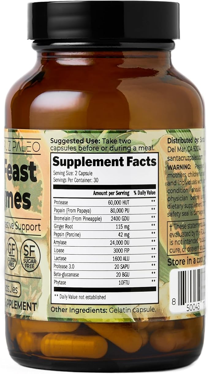 Santa Cruz Paleo Pre-Feast Digestive Enzymes for Women and Men, Fiber Supplement for Gut Health & Digestive Health, Gluten Free, Keto, Sugar Free, Paleo, with Bromelain, Ginger Root, 60 Capsules