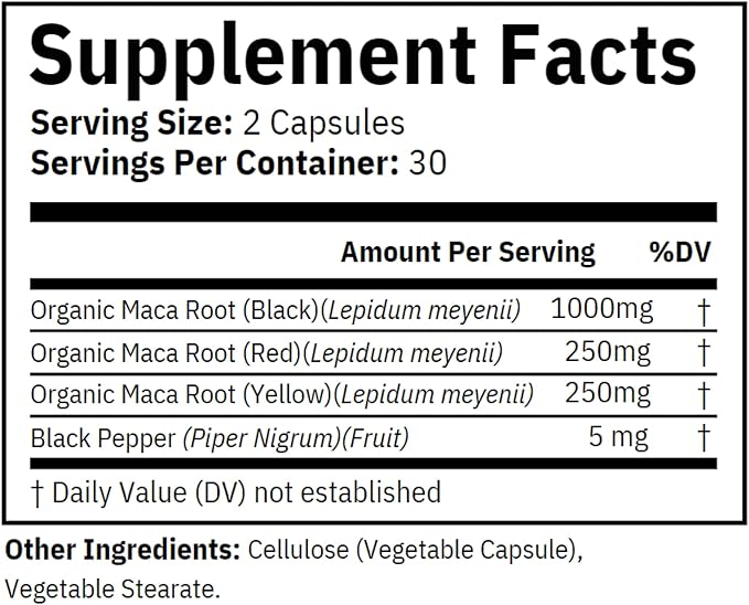 Premium Organic Blended Maca Root Black, Red, Yellow - 60 Vegan Capsules Peruvian Maca Root Gelatinized 100% Pure Non-GMO Supports Reproductive Health Natural Energizer - Made in USA
