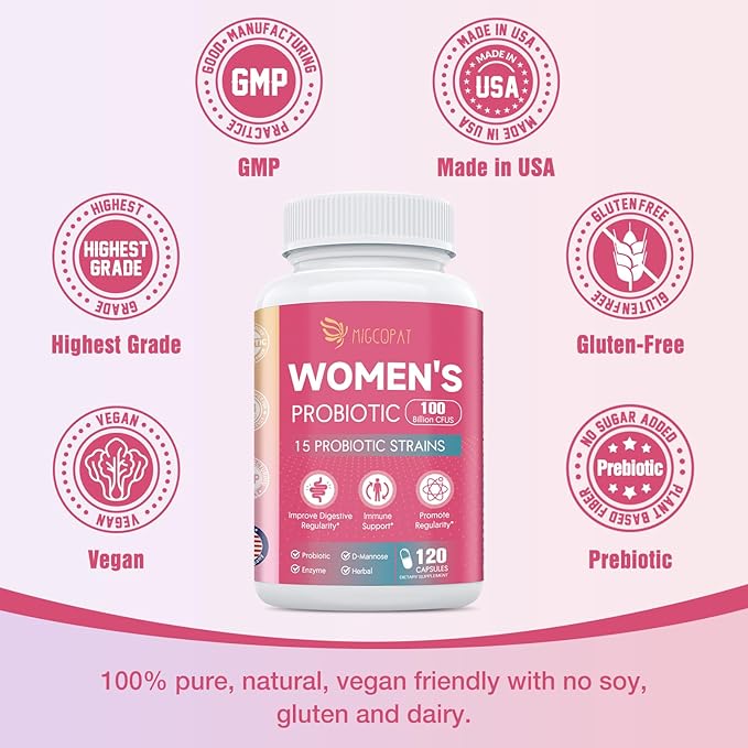 Probiotics for Women, 100 Billion CFU Womens Probiotic with Prebiotics, Digestive Enzymes, D-Mannose & Cranberry Extract for Immune Support, Vaginal & Urinary Health, Digestive Balance - 120 Capsules