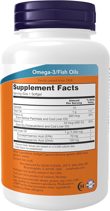 NOW Foods Supplements, Cod Liver Oil, Extra Strength 1,000 mg with Vitamins A & D-3, EPA, DHA, 90 Softgels