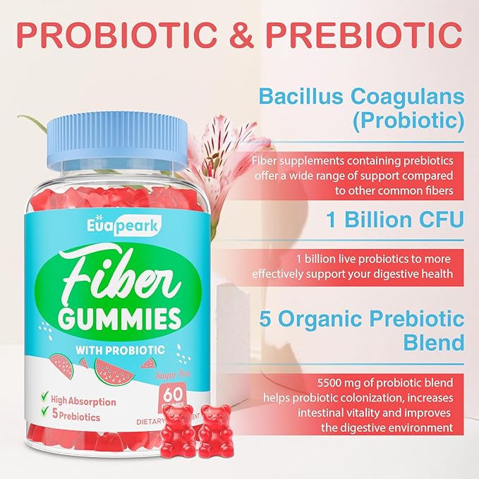 2 Packs - Fiber Gummies for Adults, Sugar Free Probiotics & Prebiotic Fiber Gummies, with Inulin, Fos & Chicory Root - for Regularity, Digestion & Gut Health - Vegan, Gluten Free, 120 Counts