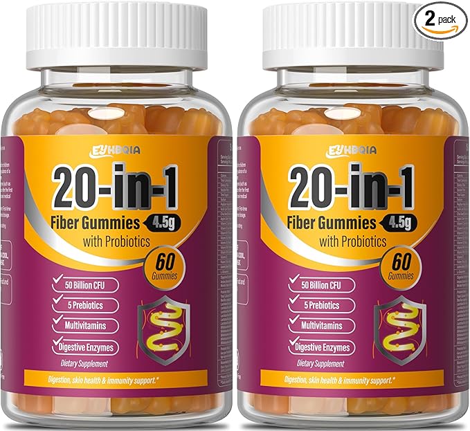 Fiber Supplement 20-in-1, Fiber Gummies for Adults, 50 Billion CFU Probiotic & Prebiotic Supplement with Inulin, Psyllium, Support for Gut & Digestive Health, 60-Count, Orange Flavor-Two Pack
