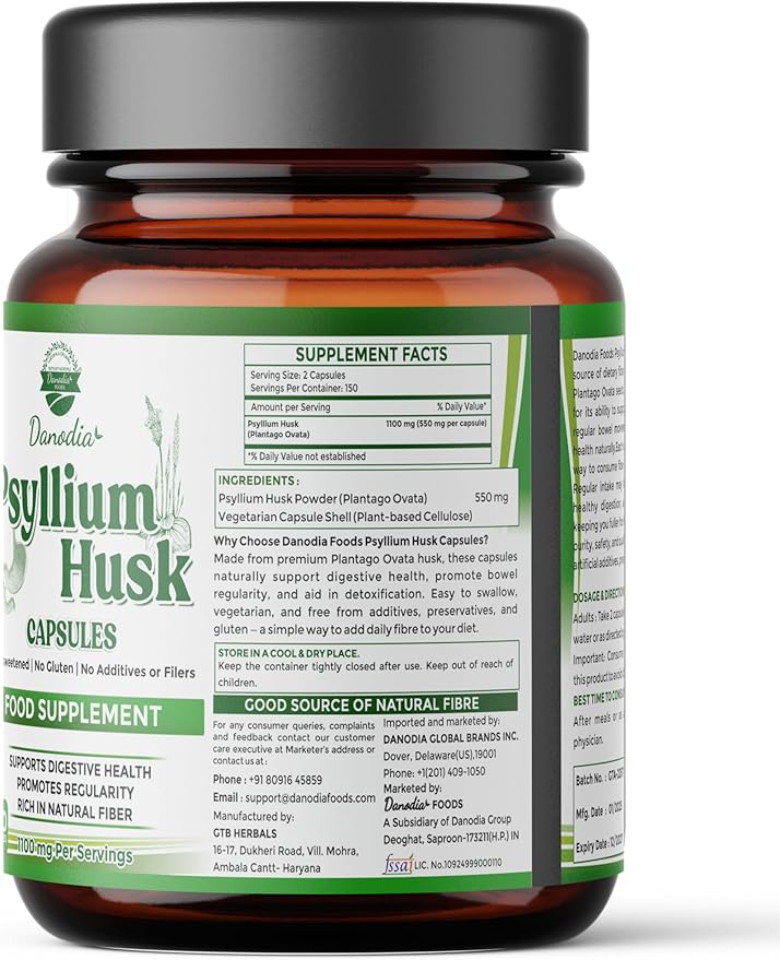 Danodia Foods Psyllium Husk Capsules – 300 Count | Veg Capsules | No additives or Filers | Gluten-Free, Non-GMO | Natural Fiber Supplement | No Artificial Colors or Preservatives