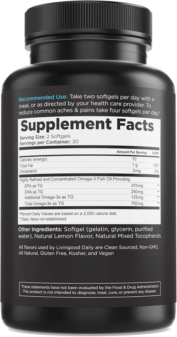 Livingood Daily Fish Oil Supplements with Omega 3 Fatty Acid, Omegas (60 Softgels) - EPA & DHA Fish Oil Pills Support Heart Health - Promotes Healthy Digestion & Brain Function - Non-GMO