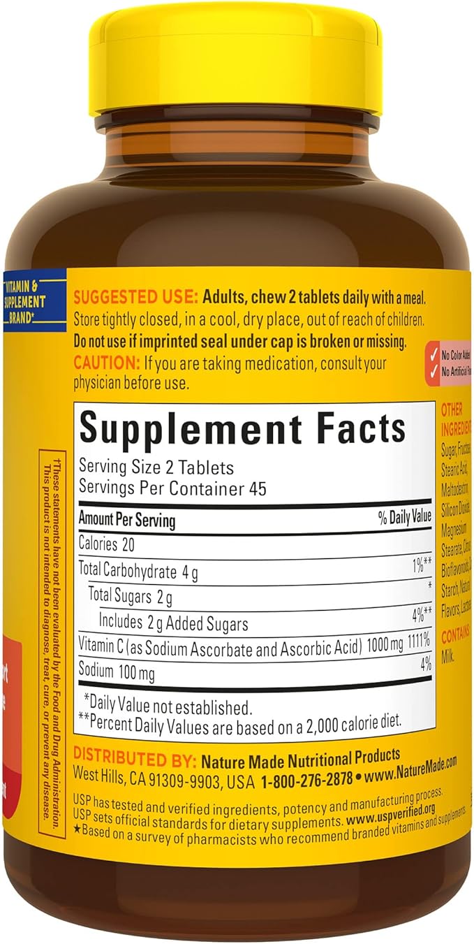 Nature Made Extra Strength Dosage Chewable Vitamin C 1000 mg per Serving, Dietary Supplement for Immune Support, 90 Tablets, 45 Day Supply (Pack of 2)