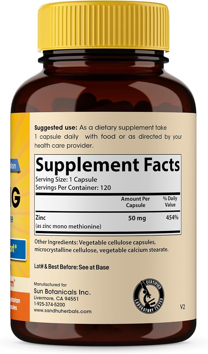 Zinc Supplements for Men and Women | Zinc 50mg 120 Vegetarian Capsules | Highly Absorbable Form for Immune Support | Zink 50 mg Supplement Promotes Skin Health