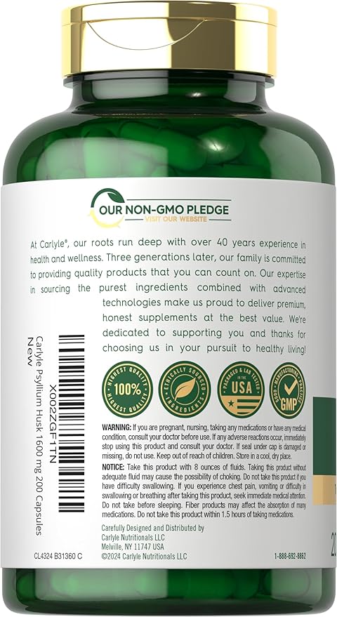 Carlyle Psyllium Husk Capsules | 1600mg | 200 Count | High Potency Fiber Supplement | Non-GMO, Gluten Free