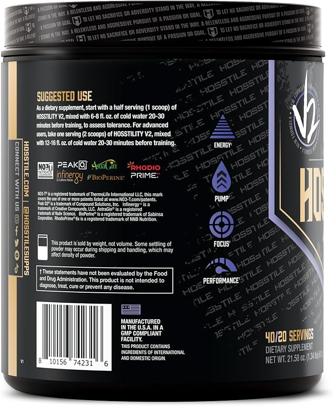 HOSSTILE Hosstility V2 Pre Workout, All-in-One Pre Workout Powder for Men and Women, Enhance Muscle Pump, Increase Energy, Boost Strength, Sharpen Focus, Blue Raspberry, 40/20 Servings