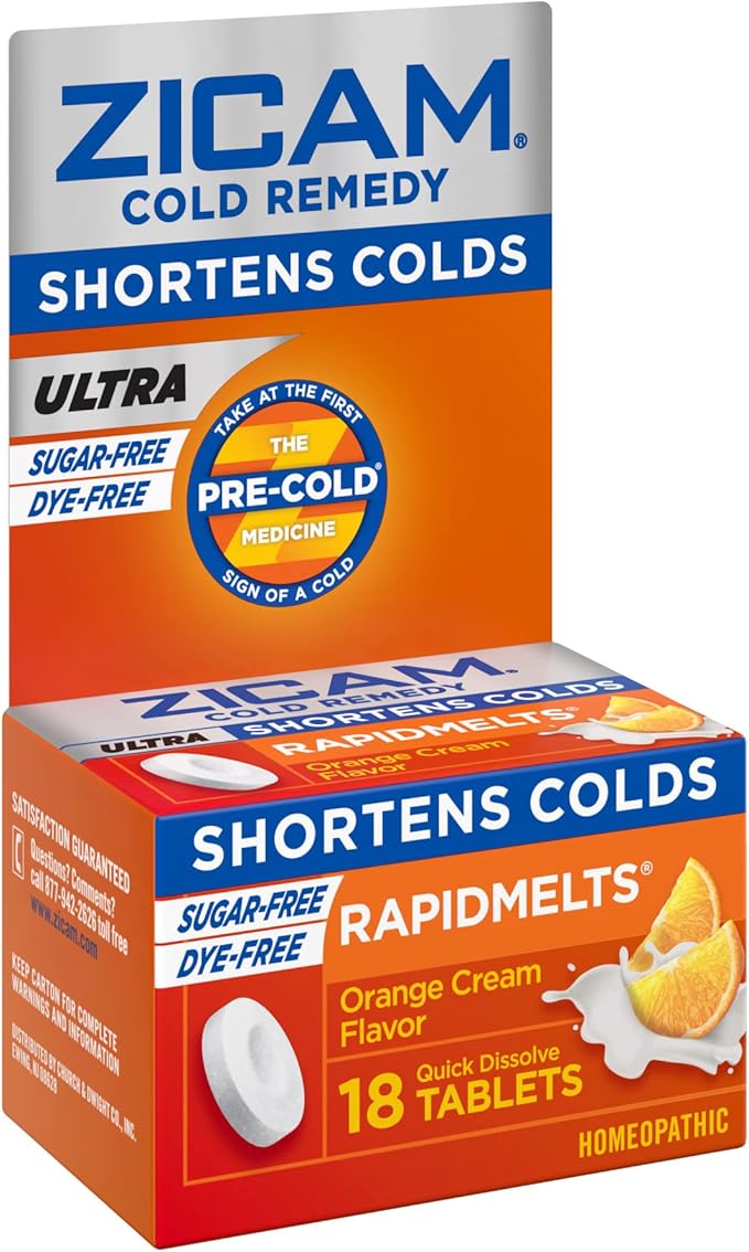 Zicam Ultra Cold Remedy Zinc Rapidmelts, Orange Cream Flavor, Homeopathic, Cold Shortening Medicine, Shortens Cold Duration, Sugar-Free, Dye-Free, 18 Count (Pack of 2)