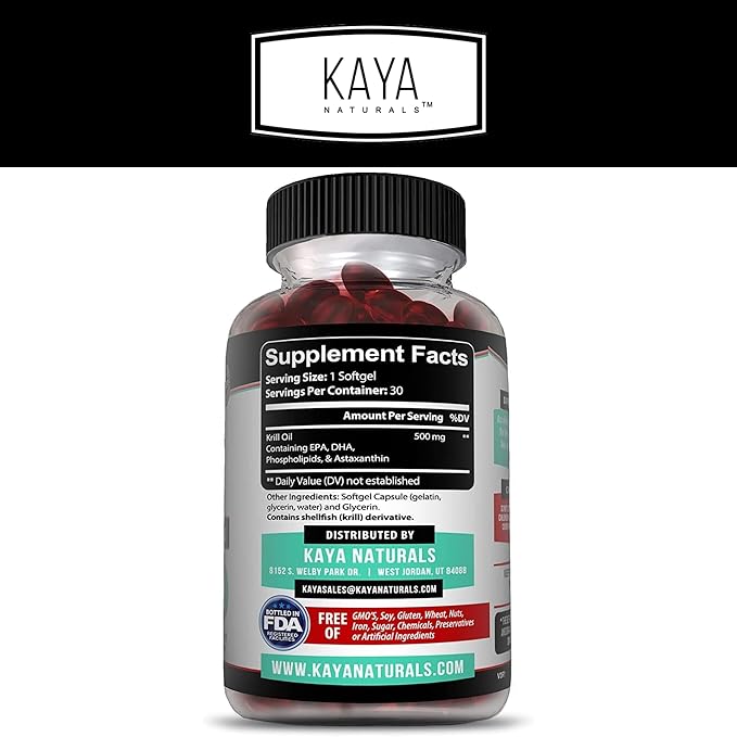 Kaya Naturals - Antarctic Krill Oil 500mg with Omega 3, EPA, DHA, Phospholipids & Astaxanthin Supplement - Brain & Health Vitamin - Anti Aging Supplement - 30 Count Softgels