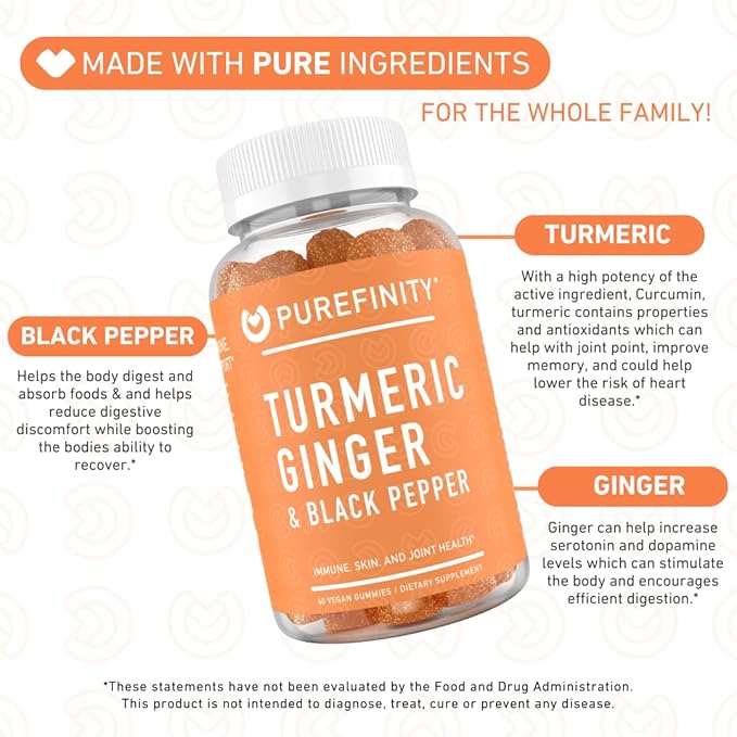 Turmeric and Ginger Supplement Gummies with Black Pepper, Joint Support Curcumin Chewables with Delicious Flavor – Gluten Free, Non-GMO, Vegan, 60 Count