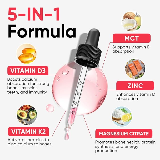 Venture Pal Vitamin D3 10000 IU Drops Plus K2 200 mcg with Magnesium, MCT Oil, Zinc, Vitamin D Liquid |Maximum Absorption for Bone, Mood & Immune Health (Strawberry, 2 Fl Oz)