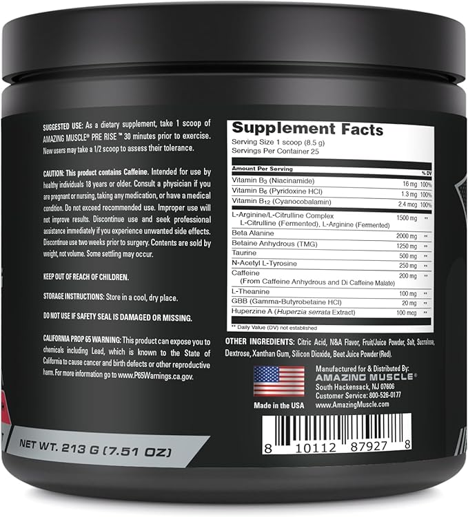Pre Rise | Pre-Workout Powder Supplement with Caffeine & Beta-Alanine for Men & Women | 25 Servings (25 Servings, Watermelon Rush)
