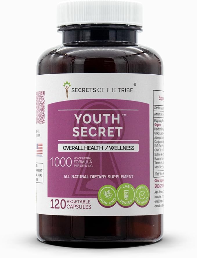 Youth Secret 120 Capsules, 1000 mg, Hawthorn, Ginkgo, Ashwagandha, Cordyceps, Fo-Ti Root, Green Tea, Brahmi, Rosemary, Turmeric, Maqui Berry. Overall Health/Wellness (120 Capsules)