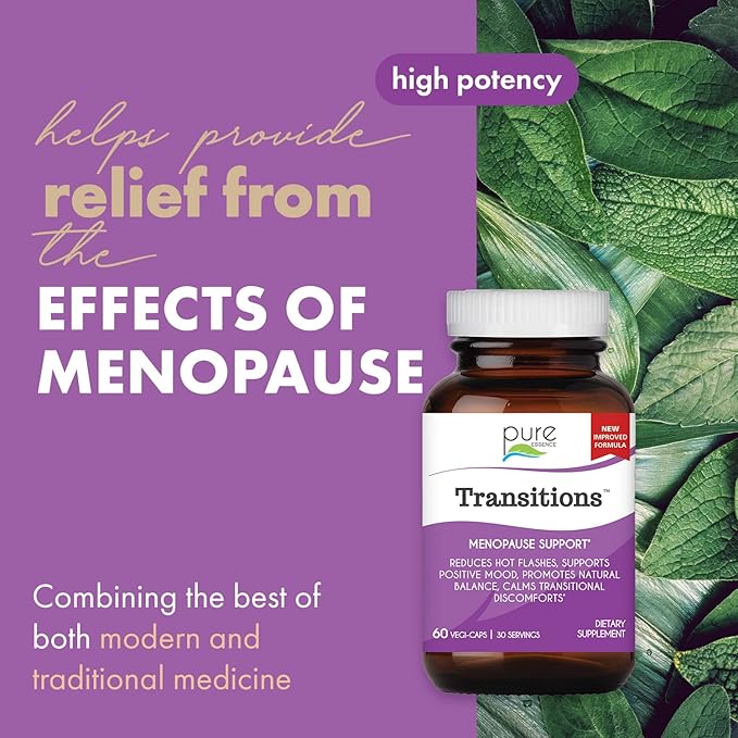 PURE ESSENCE LABS Transitions Vitamins for Women, Natural Menopause Relief Supplement to Promote Hormone Balance, Reduce Hot Flashes, Mood Swings & Night Sweats, 60 Capsules