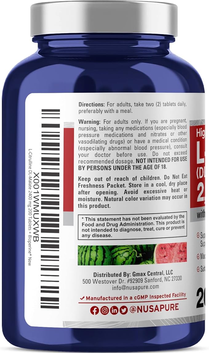 NusaPure L-Citrulline 2,400mg 200 Vegetarian Tablets (Non-GMO, Gluten Free, 100-Day Supply, Bioperine)