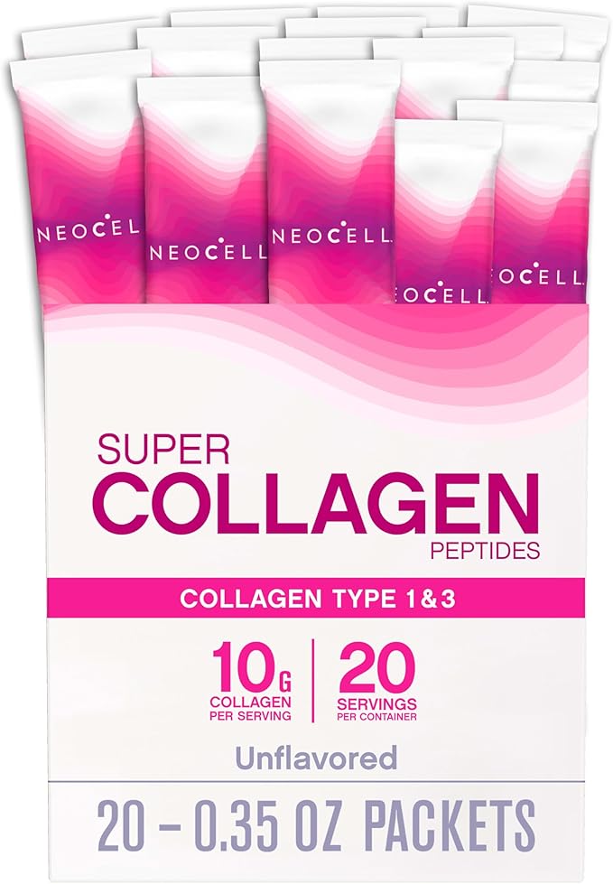 NeoCell Super Collagen Peptides, 10 g Collagen/Single-Serve Packet; Keto Certified, Gluten Free; for Healthy Skin, Hair, Nails and Joint Support;* Unflavored Powder, 20 Servs, 7 Oz.