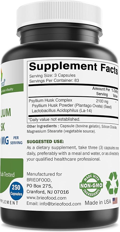 Brieofood Psyllium Husk Fiber Supplement with Lactobaciilus Acidophillus (La-14) - 2100mg per Serving - 250 Capsules - Helps Support Digestion, INTESTINAL Health & Regularity