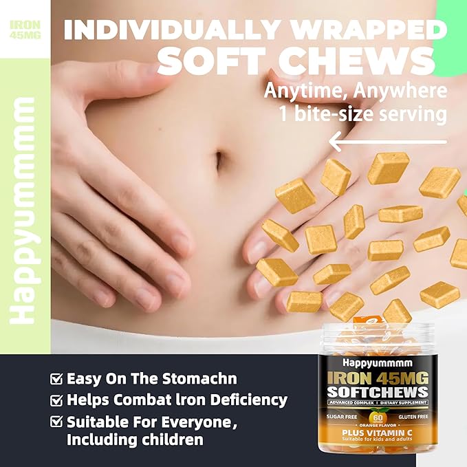 Iron Soft Chews Supplement with Vitamin C | Orange Flavored | Gluten Free | Iron Supplement for Women Men and Kids | 60 Count | 2 Month Supply