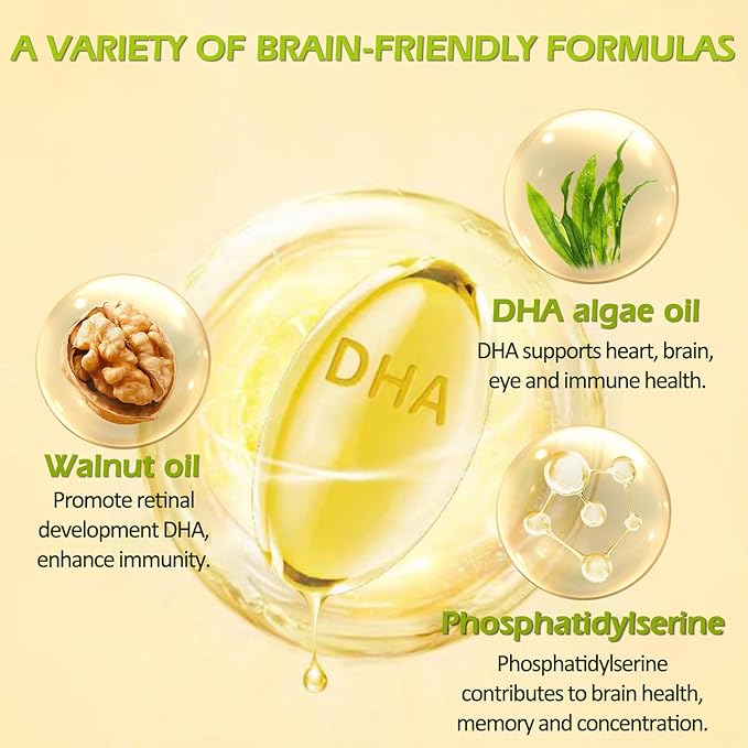Algae DHA - 600 mg Omega-3 DHA Softgels, with Phosphatidylserine & Walnut Oil, Supports Healthy Brain Function, Vision, Eye & Memory, Gluten Free, Non-GMO Vegan Algae Oil, 90 Softgels