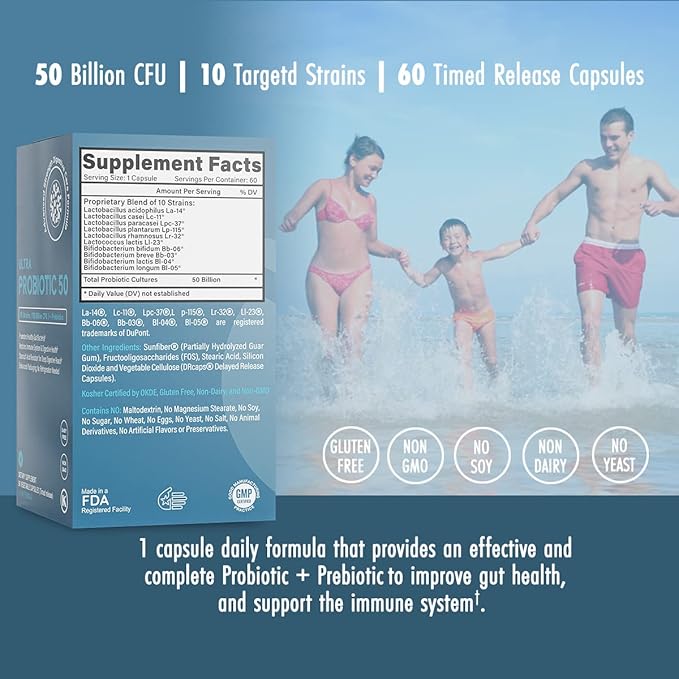 Life & Food Ultra Probiotic 50 Billion CFU w/Sunfiber Prebiotics - Once Daily Time Release Caps, Shelf Life Protection (60ct)