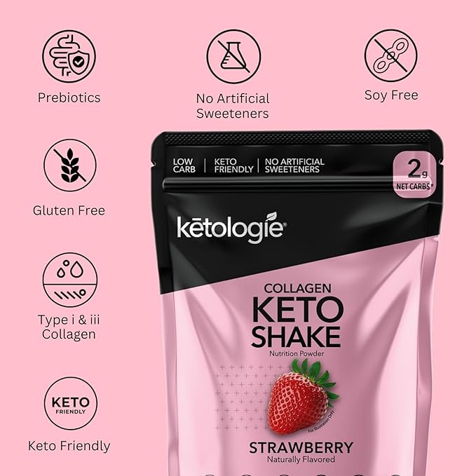 Keto Collagen Shake (Strawberry) - with Coconut Oil, Prebiotics, Grass Fed Hydrolyzed Collagen Peptides Type I & III, Low Carb, Gluten Free,1.78lbs.