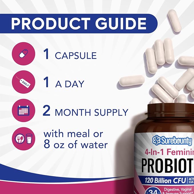 Probiotics for Women, 120 Billion CFU 34 Strains, Prebiotics, Digestive Enzymes, Cranberry, 4-in-1 Feminine Probiotic, Digestive, Vaginal, Immune Support, 60ct