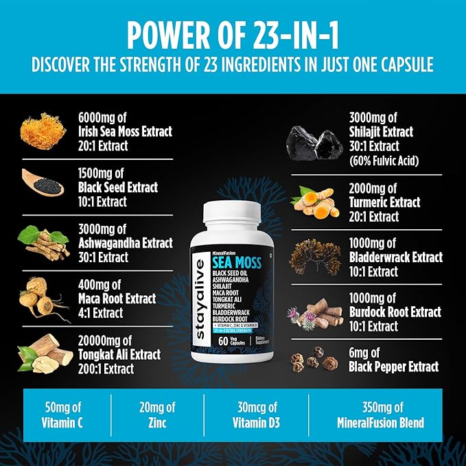 STAY ALIVE Irish Sea Moss Black Seed Oil Ashwagandha Ginger Burdock Root Bladderwrack Powder, 23-in-1 Advanced Supplement, 60 Vegan Pills, Non-GMO and Gluten-Free Sea Moss Extract Capsules