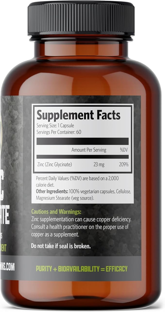 Zinc Glycinate 23 mg Supplement - 60 Vegan Caps by Pure Lab Vitamins - Amino Acid Salt for Healthy Skin & Nails - Supports The Immune System, Prostate, Vision - Made in Canada
