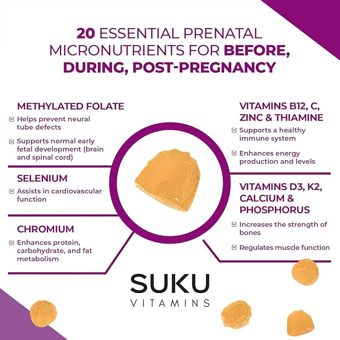 SUKU Prenatal Multivitamin Gummies – Folate, Calcium, Vitamin D3, B12, K2 – Sugar-Free, Vegetarian, Gluten-Free Pregnancy Support – Pineapple Peach Flavor – 60 Count