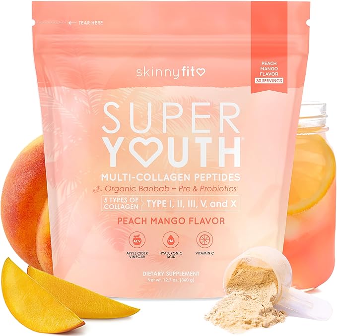 SkinnyFit - Super Youth, Peach Mango (30 Servings) - Multi Collagen Peptides Powder - Probiotics, Fiber, Hyaluronic Acid - Collagen for Women - Non GMO, Gluten Free, Sugar Free - Beauty & Self Care