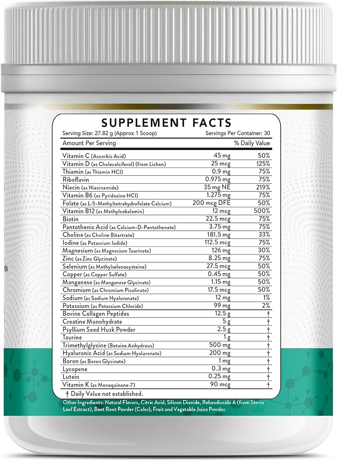 Collagen Peptides + Creatine Monohydrate + Psyllium Husk + Taurine + TMG + Hyaluronic Acid + MultiVitamin & Mineral (30 Servings, Mixed Berry)