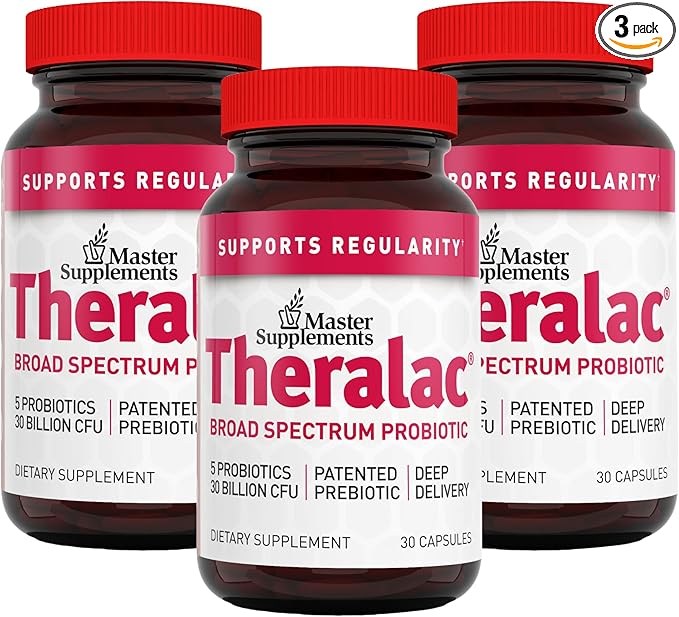 Master Supplements Theralac - 30 Capsules, Pack of 3 - Multi-Strain Probiotic for Optimal Gut Health + Gas & Bloating Relief - Gluten Free - 90 Servings
