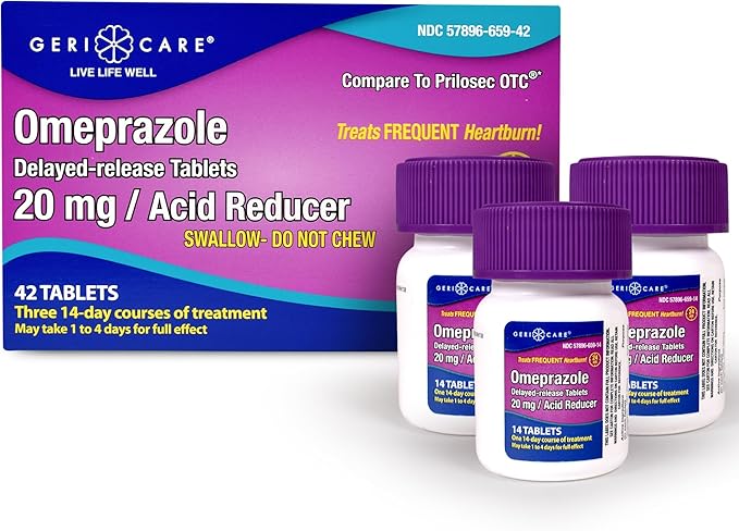 GeriCare Omeprazole Delayed Release Tablets 20mg Stomach Acid Reducer Pills for 24 Hour Heartburn Relief- Acid Reflux Medicine to Treat Frequent Heartburn- Anti-Acid Relief Tablets (42 Count)