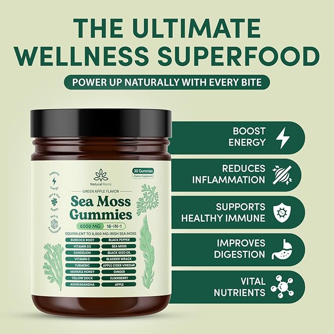 Sea Moss Gummies 16-in-1 - Ashwagandha Black Seed Oil Bladder Wrack Turmeric Vitamin C & D3 with Manuka Burdock Root Dandelion Yellow Dock Elderberry Apple Cider Vinegar (Green Apple)