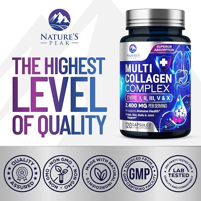 Collagen Peptides for Women & Men - Multi Collagen Supplement for Hair, Nail, Skin, Bone and Joint Support, Type I, II, III, V, X, Grass Fed Hydrolyzed Powder Pills, Non-GMO - 120 Capsules