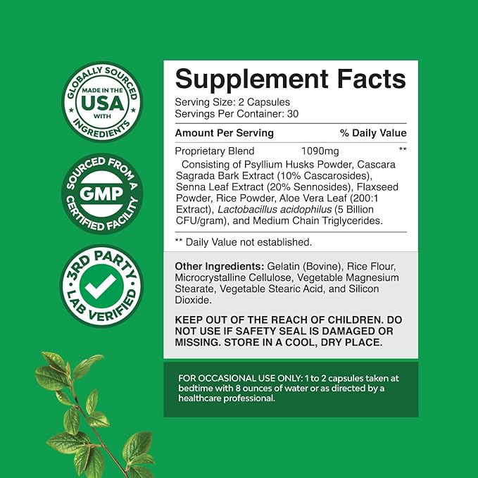 Herbal Laxative Capsules with Probiotics – Natural Laxatives for Constipation with Senna Leaf, Psyllium, Aloe Vera – Colon Cleanse for Women & Men - Detox for Gut Health & Weight Management – 60 Ct