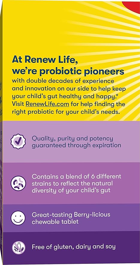 Renew Life Kids Probiotic Gummies, Supports Digestive & Immune Health, Soy, Dairy & Gluten Free, Berry, 60 Chewable Tablets