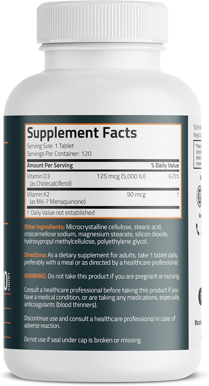 Bronson Vitamin K2 D3 (MK7) Supplement Non-GMO Formula Vitamin D3 5000IU (125 mcg) & 90 mcg K2 MK-7, Easy to Swallow D & K Complex, 120 Tablets