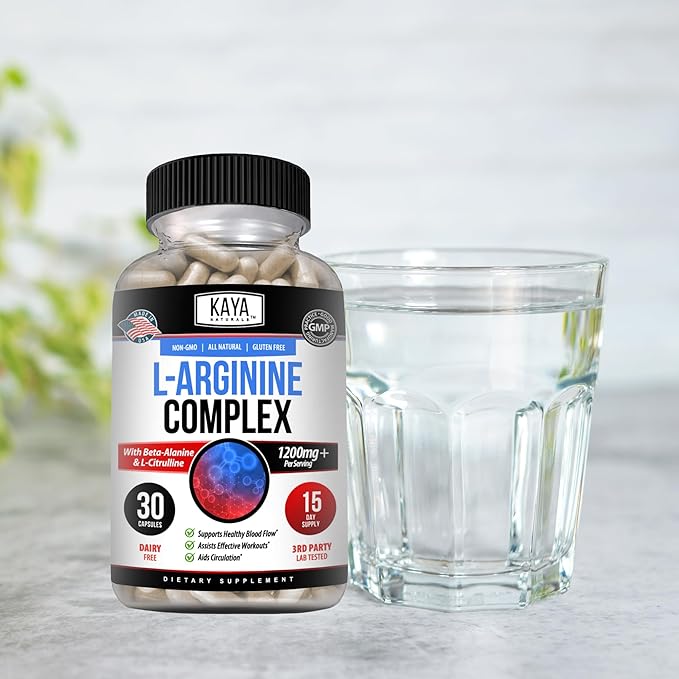 Kaya Naturals - L-Arginine All-Natural Herbal Supplement for Maximum Health Benefits | Pre-Workout | Energy | Improved Nighttime Performance | - 60 Capsules