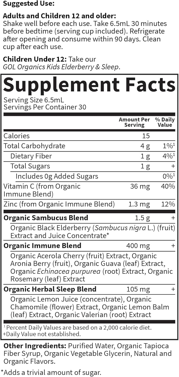 Garden of Life Organics Elderberry & Sleep Immune Syrup - Immune Support for Adults and Kids 12 and Older with Zinc and Vitamin C, Organic Liquid with Sleep Herbs, No Added Sugars, 6.59 fl oz